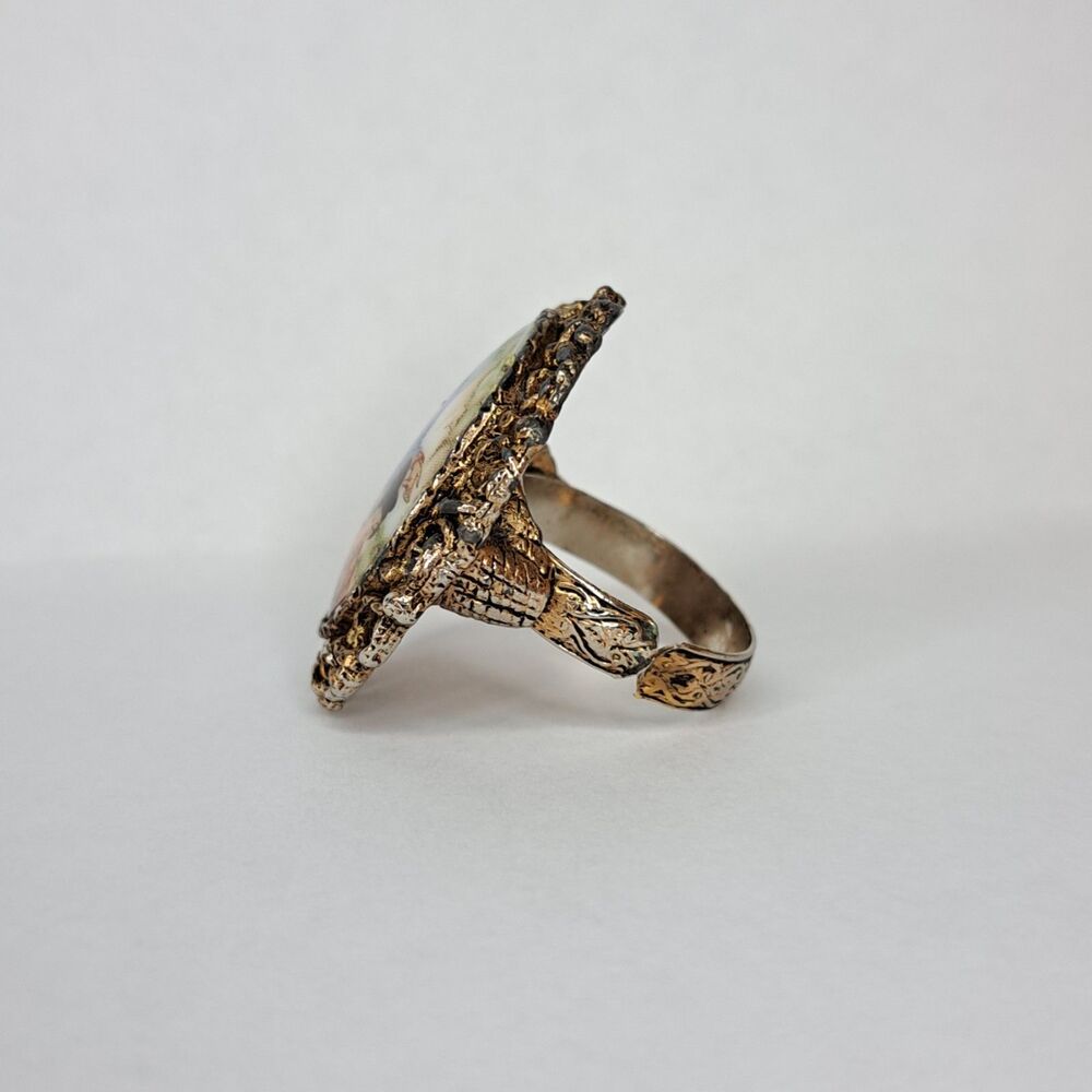 Vintage Oriental Ring Asian Culture Jewelry Ceramic Adjustable Brushed Gold Tone - Picture 7 of 7